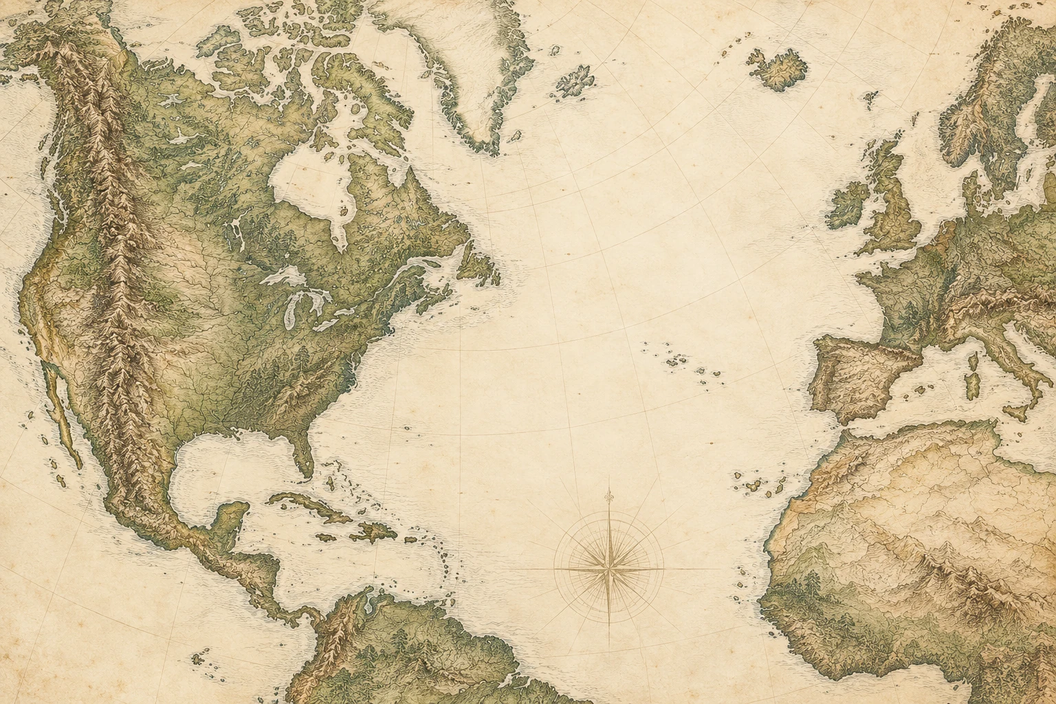 A detailed antique-style engraved atlas of North America, the Atlantic Ocean, and the British Isles